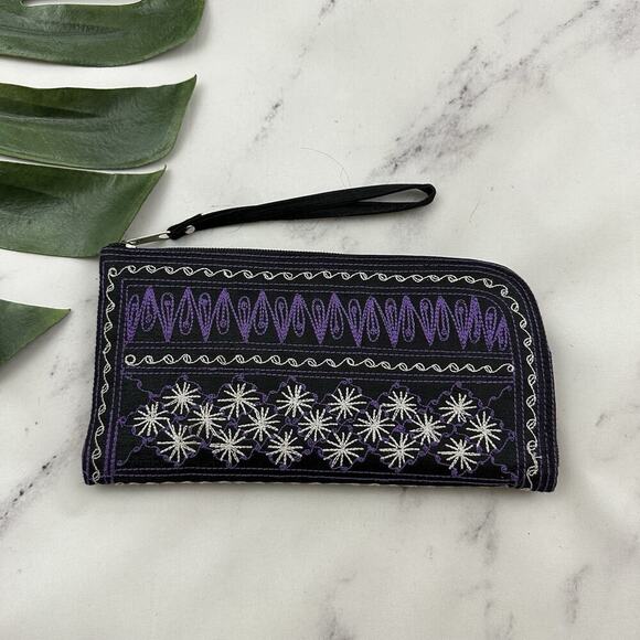 Alta Katya Pekka Embroidered Wristlet Wallet Bag Black Purple Boho Clutch - Picture 1 of 4